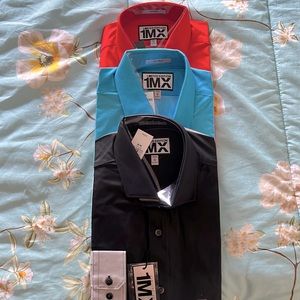 3 mens express fitted dress shirts in blue ombré,  orange ombré, & black ombré.